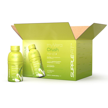 MYVERA CRUSH Mind + | Voedingssupplement met cafeïne in 285 ml flessen voor eenmalig gebruik (6-pack) – 1710 ml totaal Codering: INTA002-06